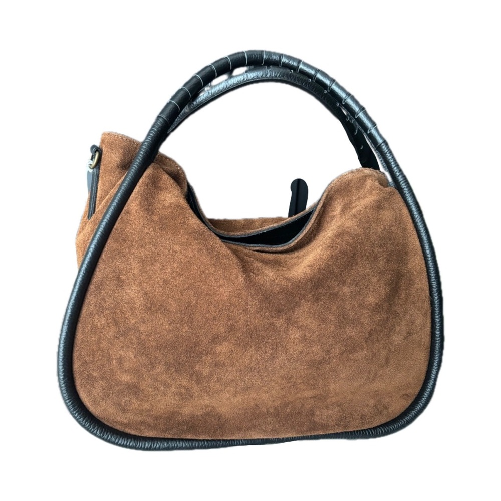 Brown Suede Shoulder Bag with Brown Trim